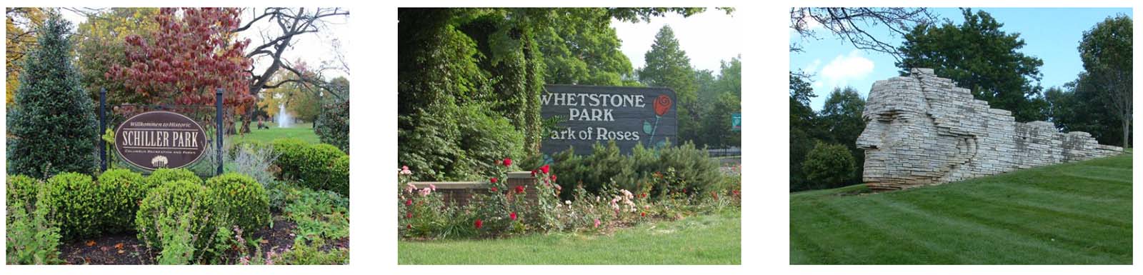 Parks to visit after buying a home in Ohio. Shows Schiller, Whetstone, and Scioto parks.