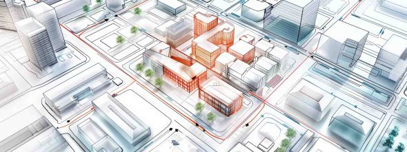 Columbus Zoning Codes depicted by a drawing of a city block in 3D