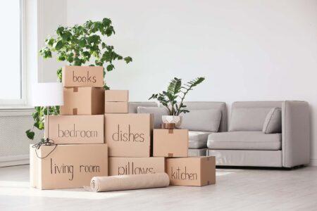 Guide to Moving into Your New Home in Columbus Ohio - Room with sofa and packed boxes labled by room